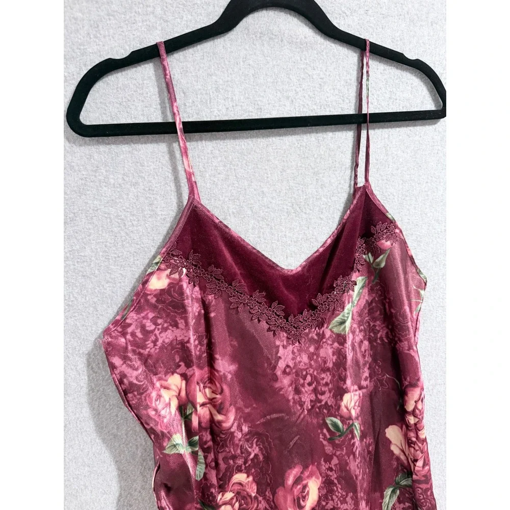 Womens coquette Burgundy Floral Satin Lace velvet Nightgown slip dress Large
